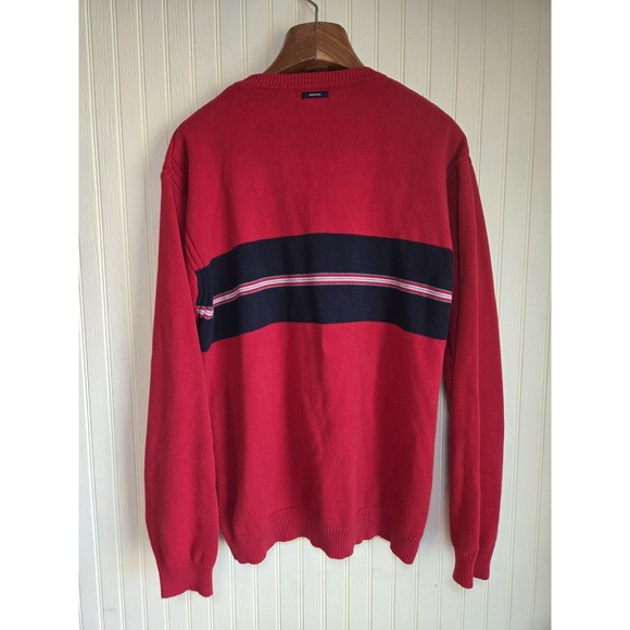 Nautica Sweater Mens XL Red Navy Stripe 100% Cotton Crewneck Pullover - Picture 3 of 8